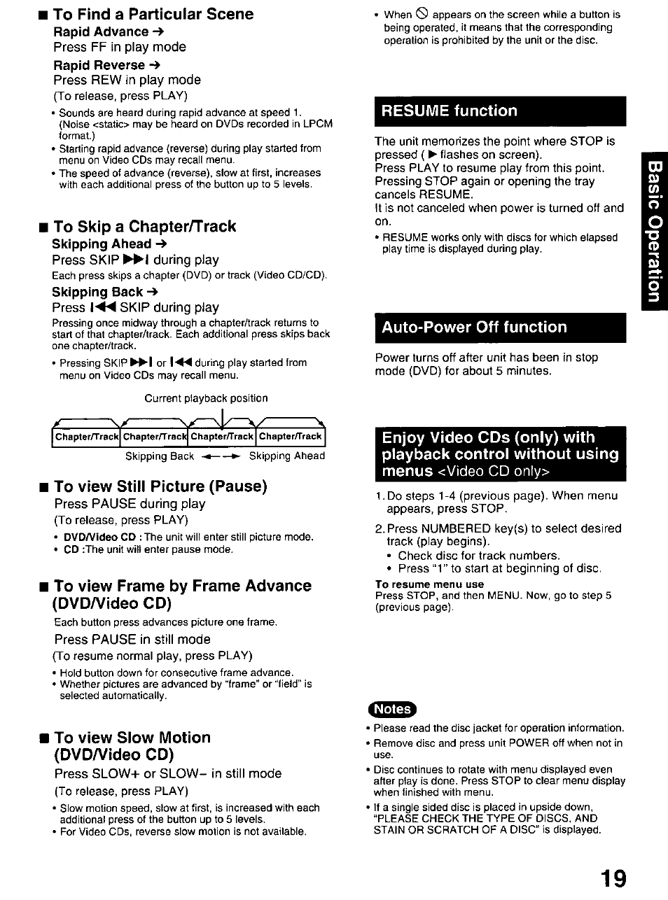 To find a particular scene, Rapid advance, Press ff in play mode | Rapid reverse, Press rew in play mode, To skip a chapter/track, Skipping ahead, Press skip during play, Skipping back, To view still picture (pause) | Panasonic OMNIVISION PV-DM2799 User Manual | Page 19 / 68