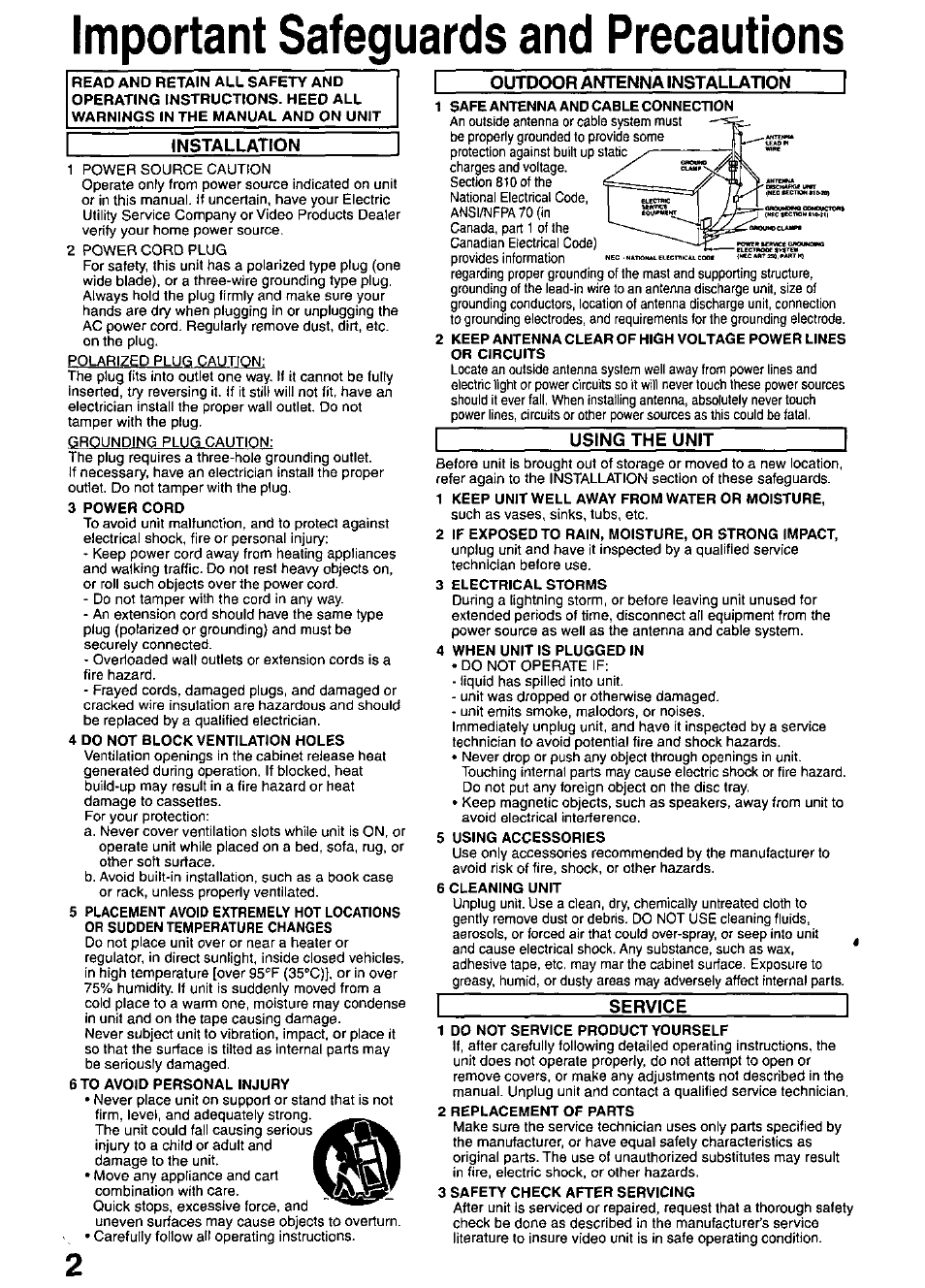 Installation, Outdoor antenna installation i, Using the unit | Service, Important safeguards and precautions, Outdoor antenna | Panasonic OMNIVISION PV-DM2799 User Manual | Page 2 / 68