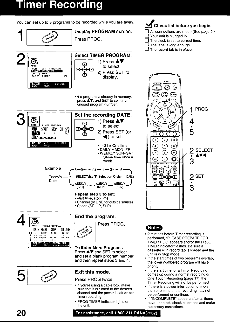 Display program screen, Select timer program, Set the recording date | End the program, To enter more programs, Exit this mode, Timer recording | Panasonic OMNIVISION PV-DM2799 User Manual | Page 20 / 68