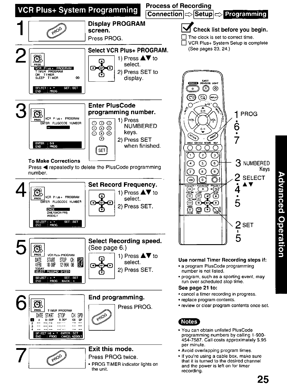 Process of recording, Connection i=> setup, Programming | Display program screen, Select vcr plus+ program, Enter pluscode programming number, To make corrections, Set record frequency, Select recording speed, Exit this mode | Panasonic OMNIVISION PV-DM2799 User Manual | Page 25 / 68