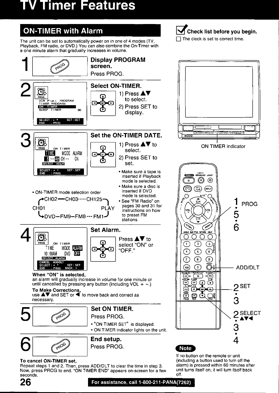 Display program screen, Select on-timer, Set the on-timer date | Set alarm, Set on timer, End setup, In^check list before you begin, Tv timer features, On-timer with alarm | Panasonic OMNIVISION PV-DM2799 User Manual | Page 26 / 68