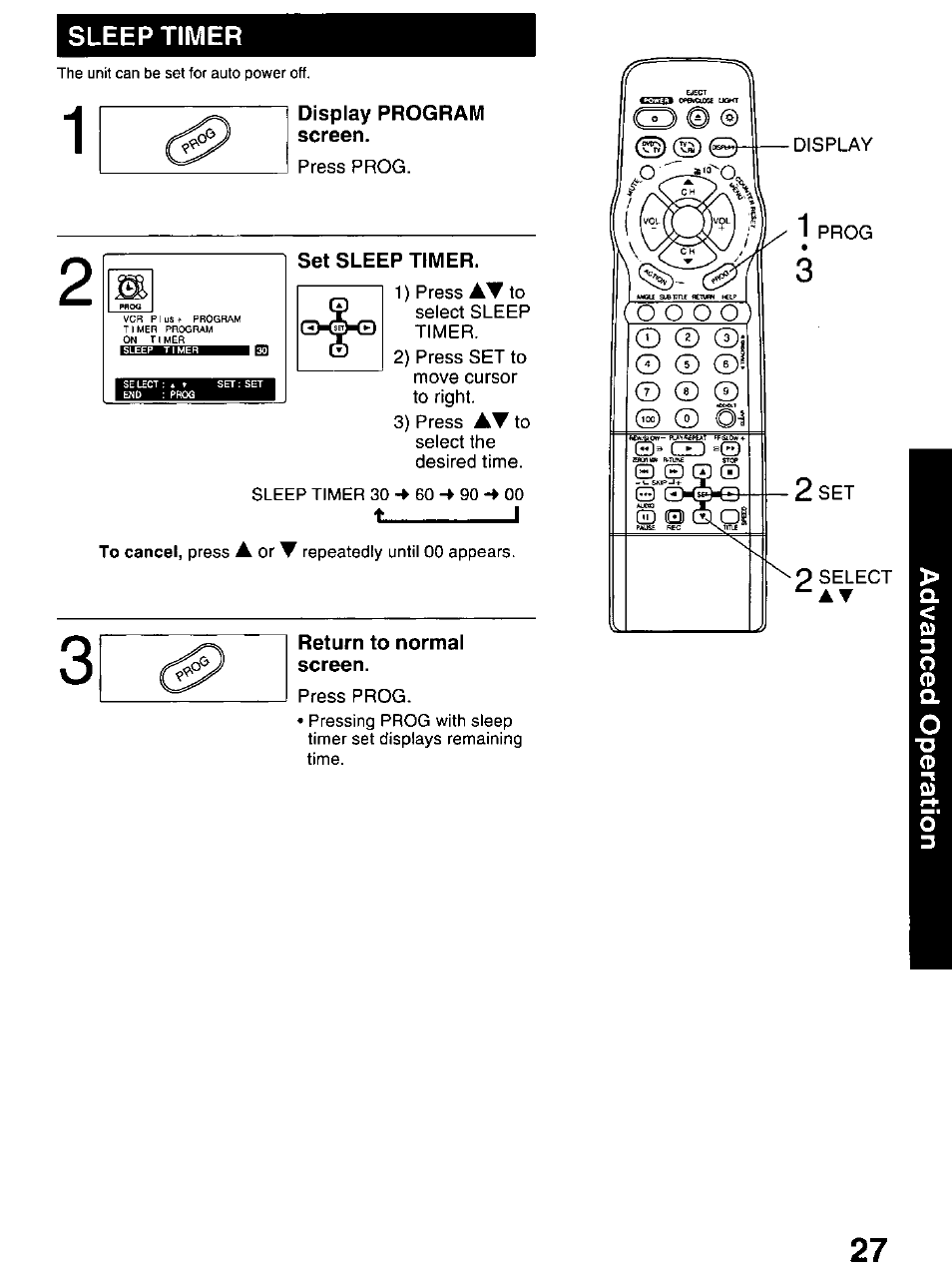 Display program screen, Set sleep timer, Return to normal screen | At 27 | Panasonic OMNIVISION PV-DM2799 User Manual | Page 27 / 68