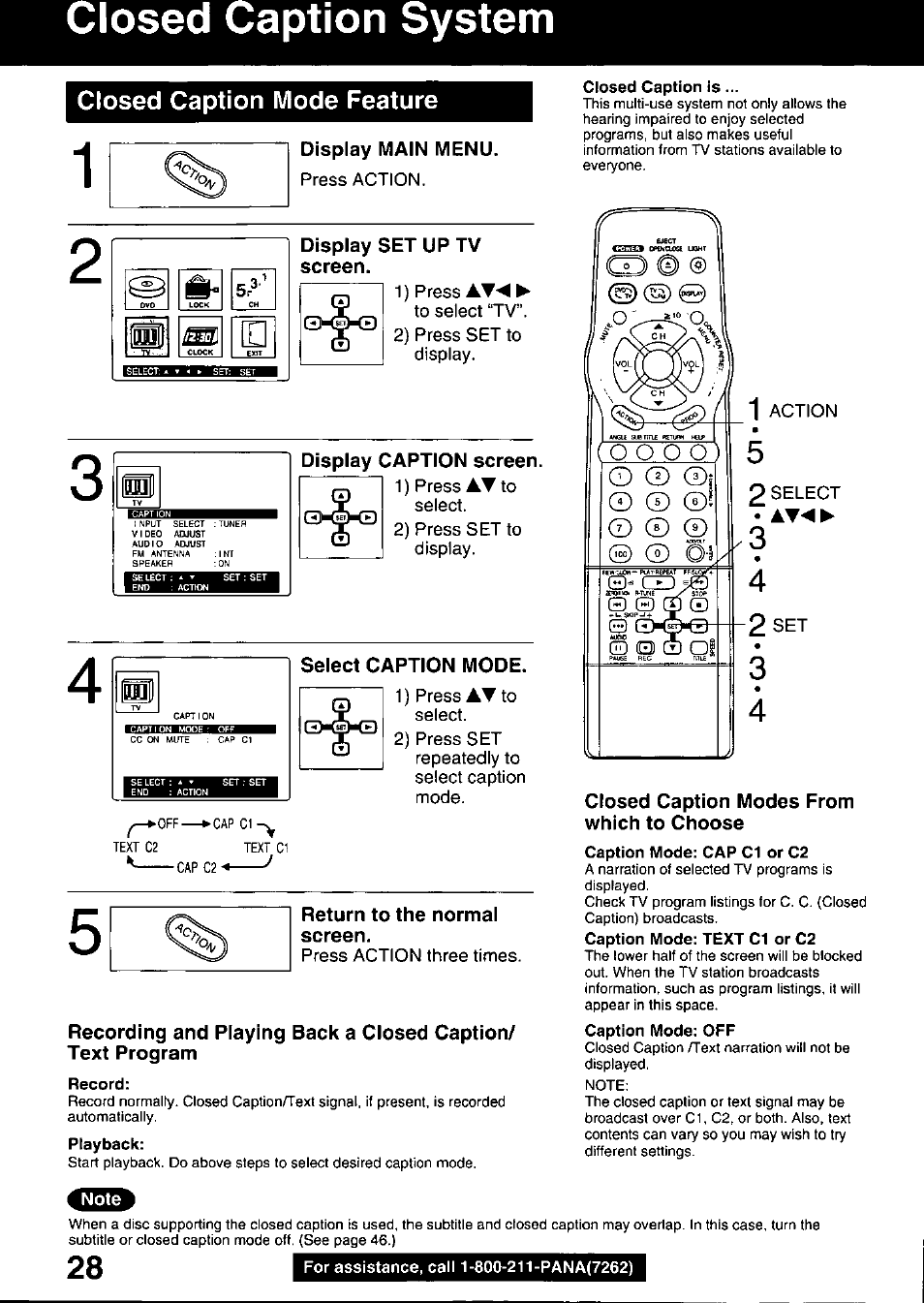 Display main menu, Display set up tv screen, Closed caption is | Display caption screen, Rosm, Select caption mode, Return to the normal screen, Closed caption modes from which to choose, Record, Closed caption system | Panasonic OMNIVISION PV-DM2799 User Manual | Page 28 / 68