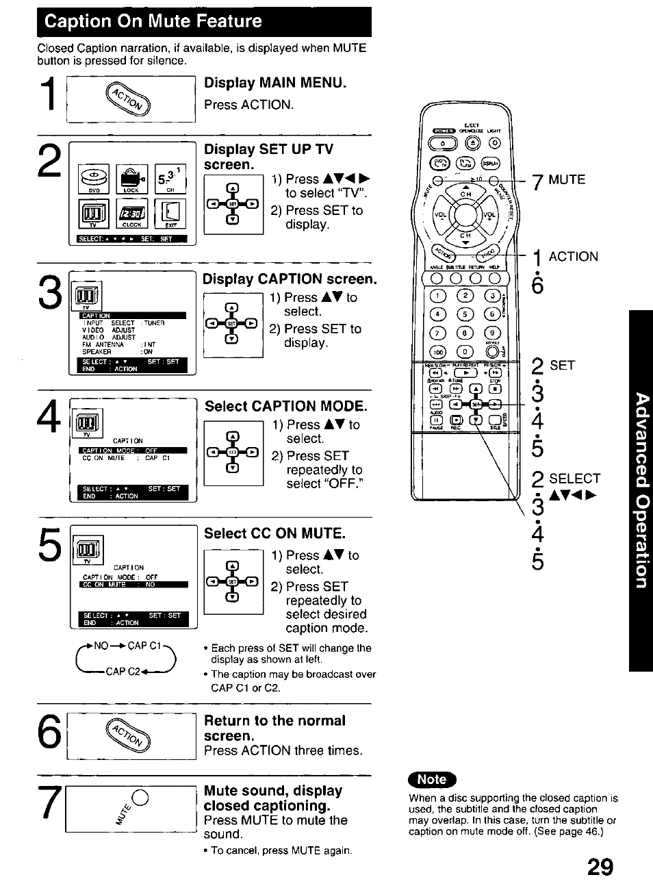 Display main menu, Display set up tv screen, Select caption mode | Select cc on mute, Return to the normal screen, Mute sound, display closed captioning | Panasonic OMNIVISION PV-DM2799 User Manual | Page 29 / 68