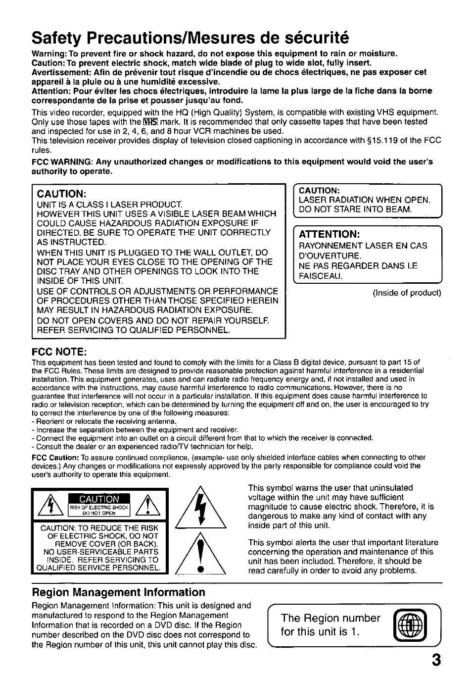 Caution, Attention, Fcc note | Region management information, Safety precautions/mesures de sécurité, The region number for this unit is 1 | Panasonic OMNIVISION PV-DM2799 User Manual | Page 3 / 68