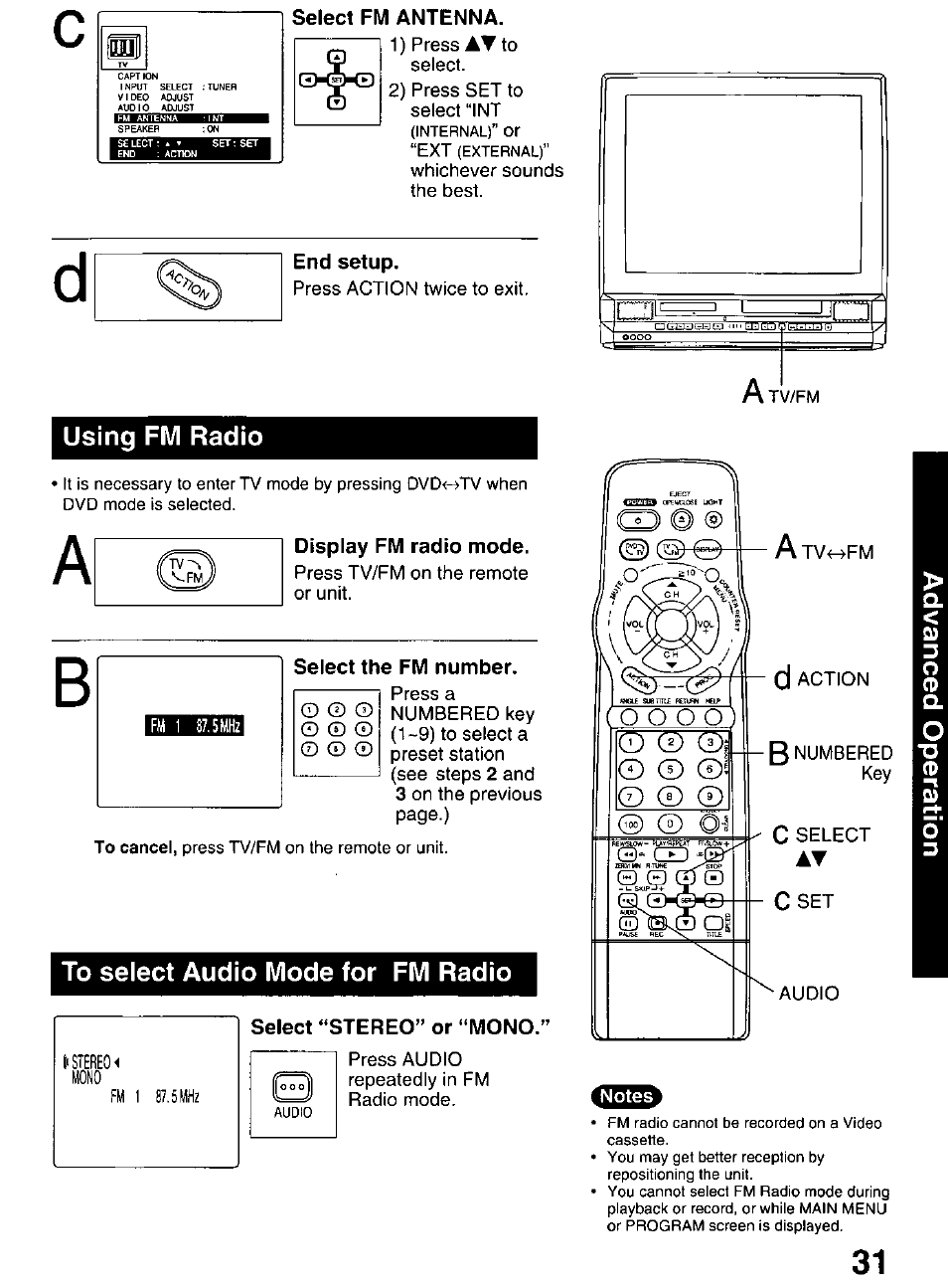 Select fm antenna, End setup, Display fm radio mode | Select the fm number, Select “stereo” or “mono, Using fm radio | Panasonic OMNIVISION PV-DM2799 User Manual | Page 31 / 68