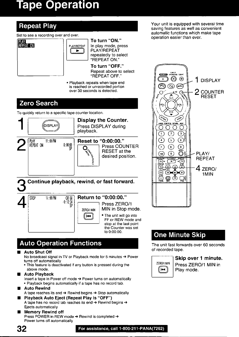 To turn “on, To turn “off, L display the counter | Press display during playback, Reset to, Press counter reset at the desired position, Continue playback, rewind, or fast forward, Auto shut off, Skip over 1 minute, Press zero/1 min in play mode | Panasonic OMNIVISION PV-DM2799 User Manual | Page 32 / 68