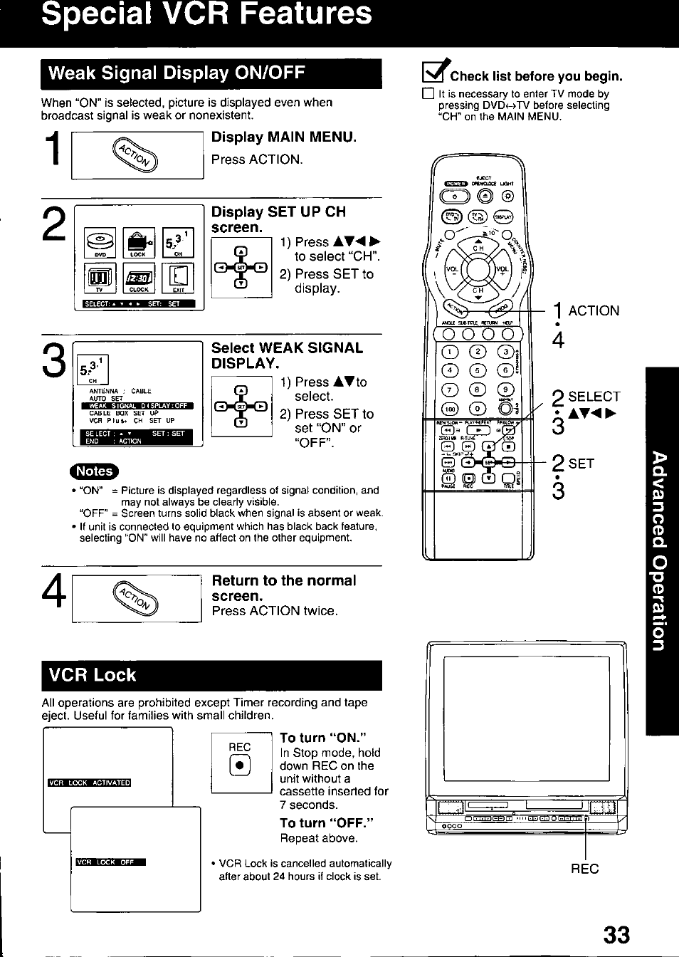 Display main menu, Display set up ch screen, Select weak signal display | Return to the normal screen, To turn “on, Special vcr features, Weak signal display on/off, Aw to, Vcr lock | Panasonic OMNIVISION PV-DM2799 User Manual | Page 33 / 68