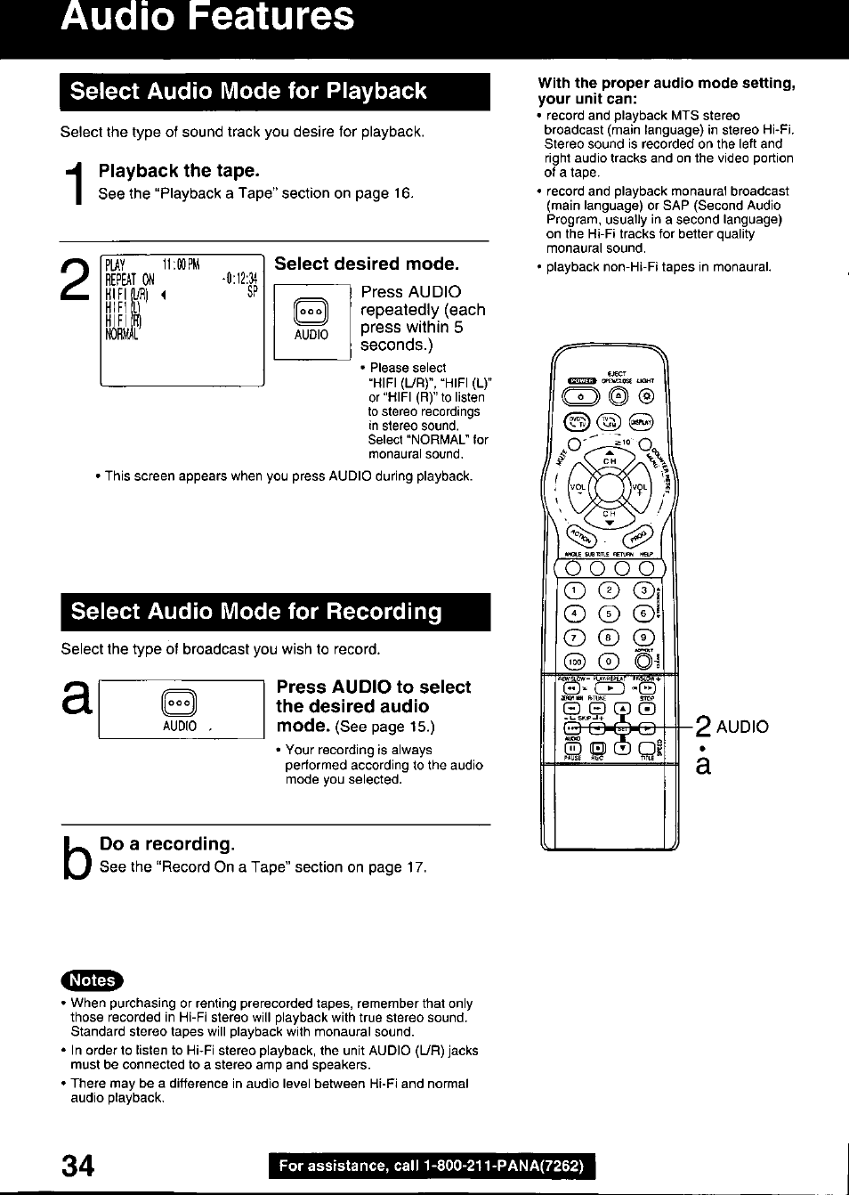 Playback the tape, Select desired mode, Do a recording | With the proper audio mode setting, Playback a tape, Audio features, Select audio mode for playback, Select audio mode for recording | Panasonic OMNIVISION PV-DM2799 User Manual | Page 34 / 68