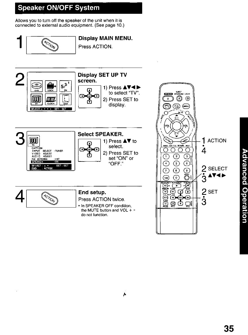 Display main menu, Display set up tv screen, Select speaker | End setup | Panasonic OMNIVISION PV-DM2799 User Manual | Page 35 / 68