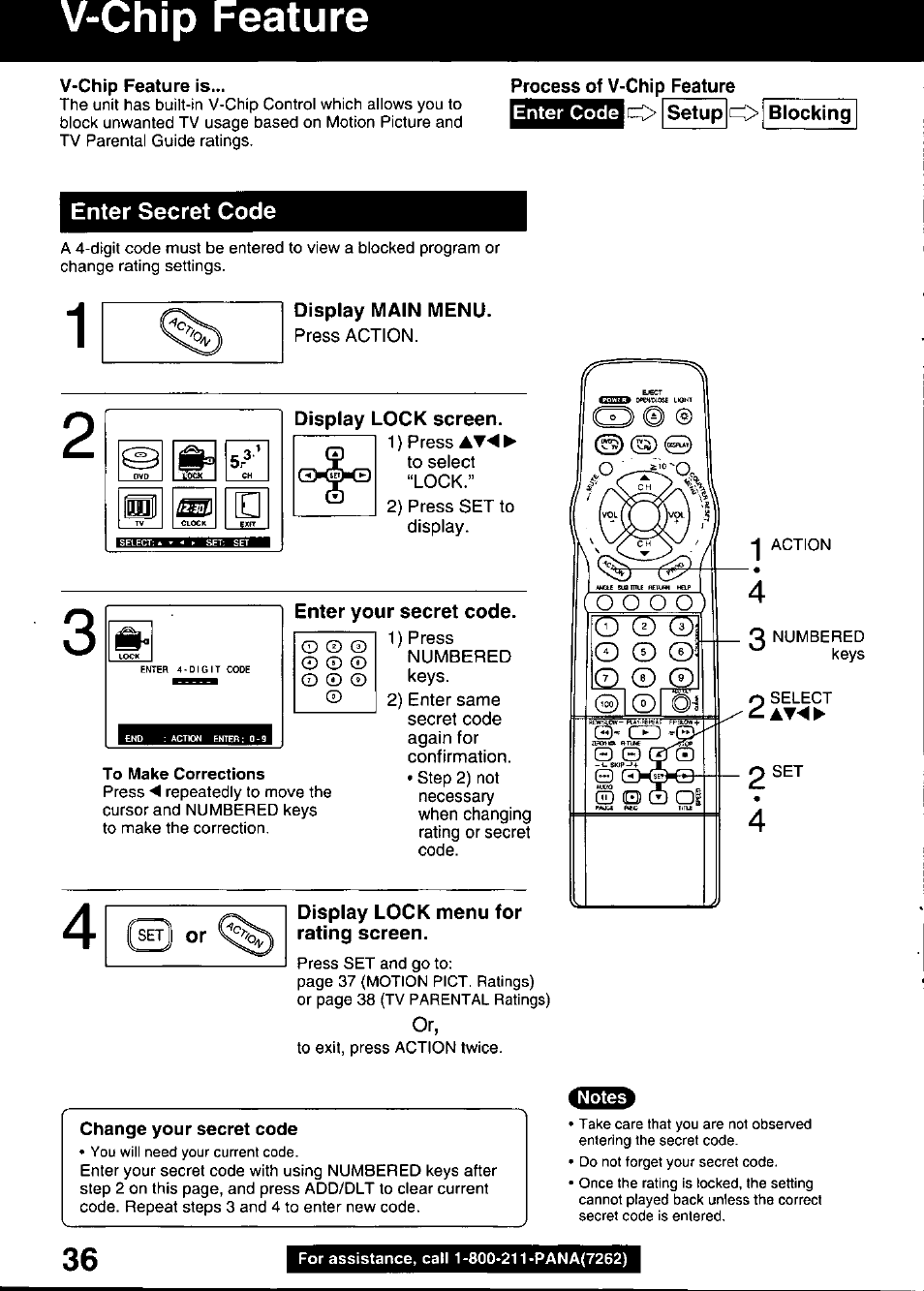V-chip feature is, Process of v-chip feature, Enter code | O setup o blocking, Display main menu, Display lock screen, To make corrections, Enter your secret code, Display lock menu for rating screen, Change your secret code | Panasonic OMNIVISION PV-DM2799 User Manual | Page 36 / 68