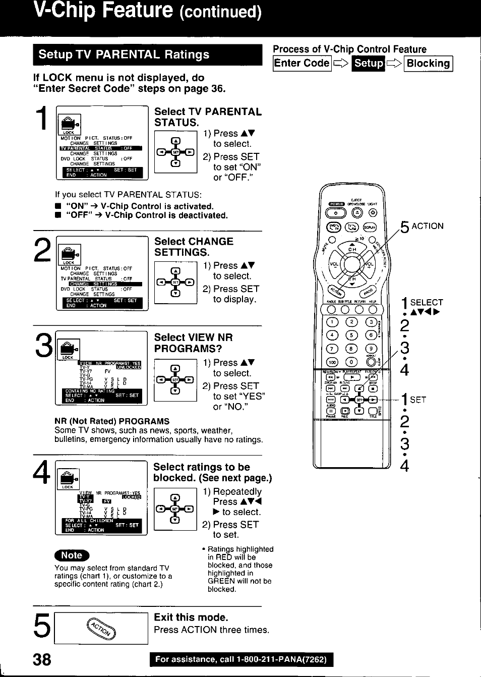 Setup tv parental ratings, For assistance, call 1-800-211-pana(7262), V-chip feature | Continued) | Panasonic OMNIVISION PV-DM2799 User Manual | Page 38 / 68