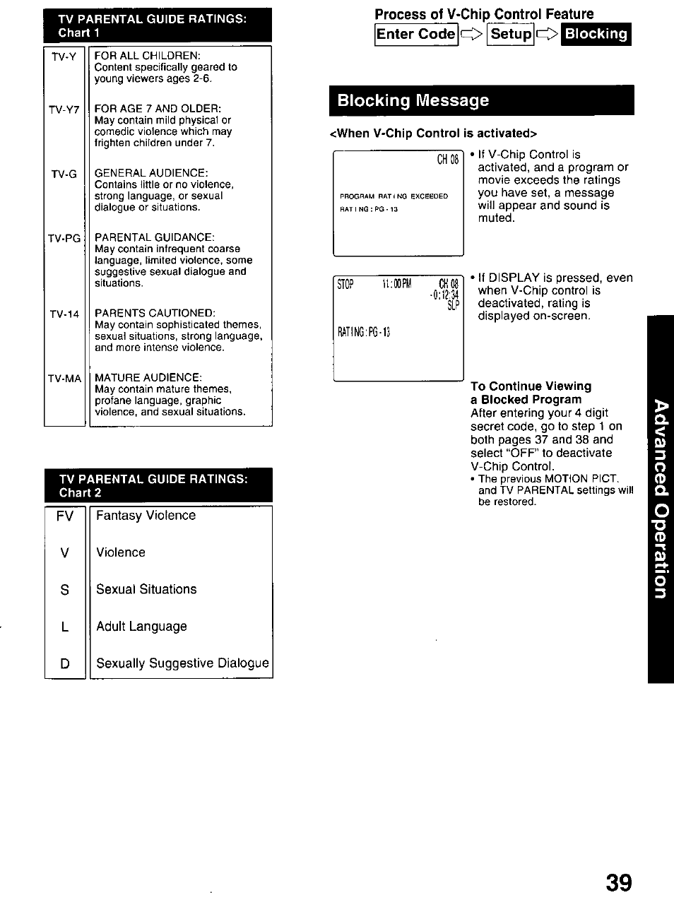 Tv parental guide ratings: chart 1, Process of v-chip control feature oi setupio, Enter code | Blocking, Blocking message, When v-chip control is activated, Tv parental guide ratings: chart 2, To continue viewing a blocked program | Panasonic OMNIVISION PV-DM2799 User Manual | Page 39 / 68