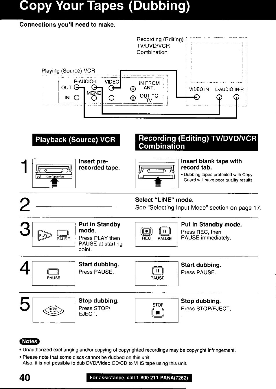 Connections you’ll need to make, Insert blank tape with record tab, Select “line” mode | Copy your tapes (dubbing) | Panasonic OMNIVISION PV-DM2799 User Manual | Page 40 / 68