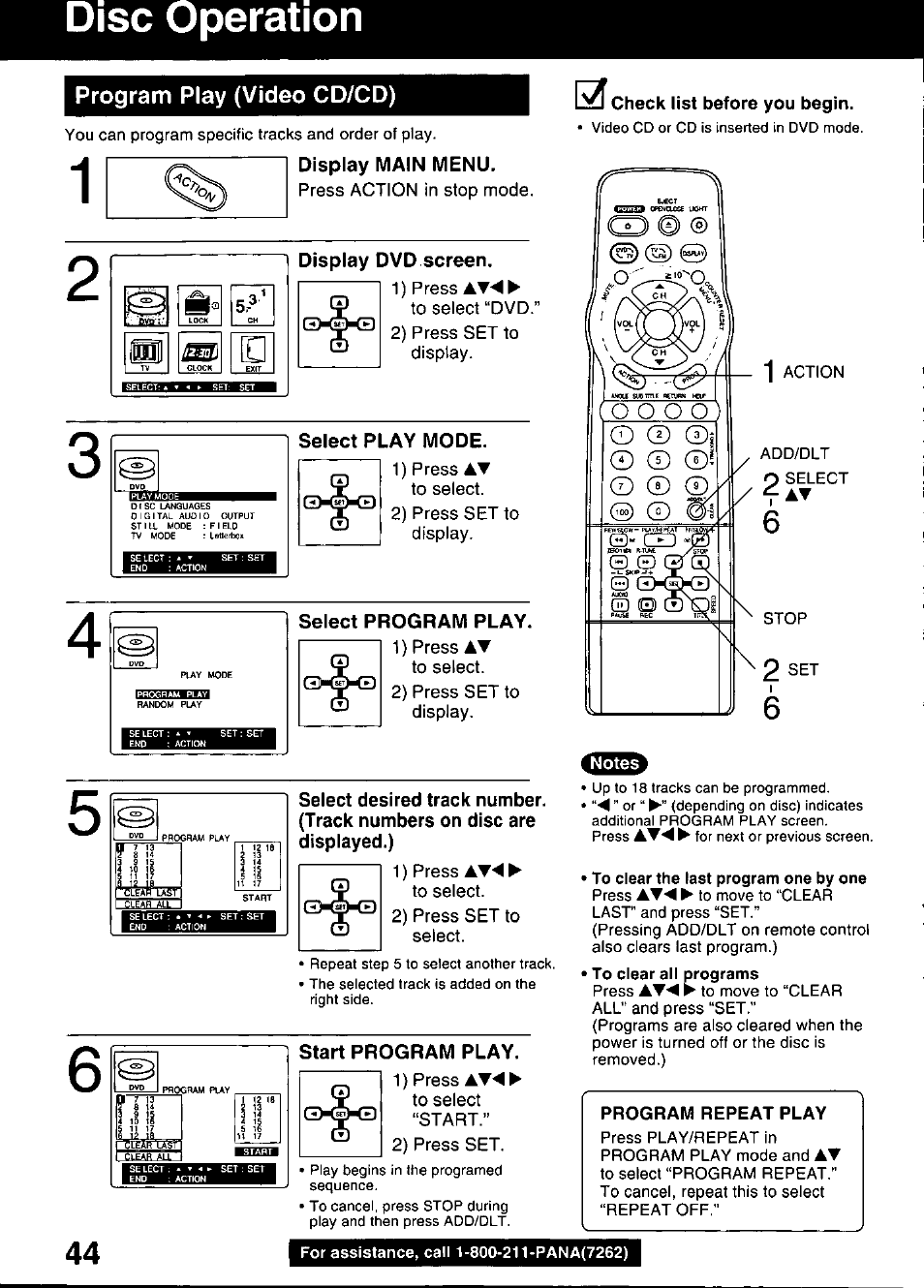 Program play (video cd/cd), Display main menu, Display dvd screen | Select play mode, Select program play, Start program play, Operation | Panasonic OMNIVISION PV-DM2799 User Manual | Page 44 / 68