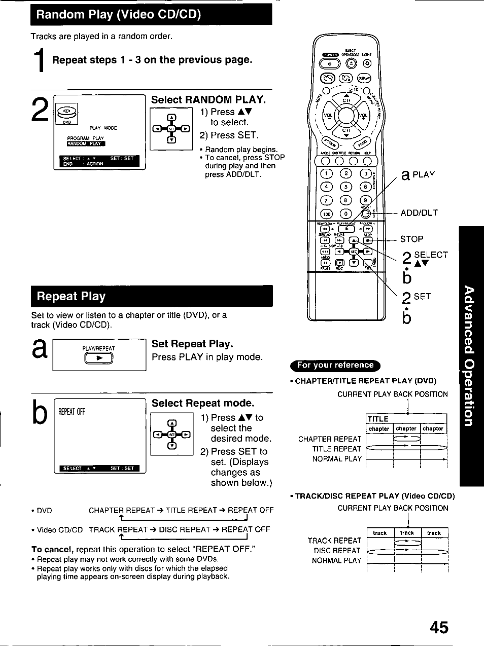 Select random play, Set repeat play, Select repeat mode | Repeat play, Random play (video cd/cd) | Panasonic OMNIVISION PV-DM2799 User Manual | Page 45 / 68