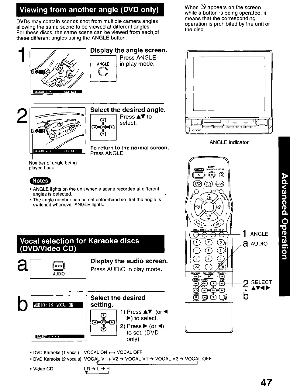 Select the desired angle, Press at to select, Display the audio screen | Press audio in play mode, Select the desired setting, 1) press at (or^ ►) to select, 2) press ► {or ◄) to set. (dvd only), Viewing from another angle (dvd only), Vocal selection for karaoke discs (dvda/ideo cd) | Panasonic OMNIVISION PV-DM2799 User Manual | Page 47 / 68