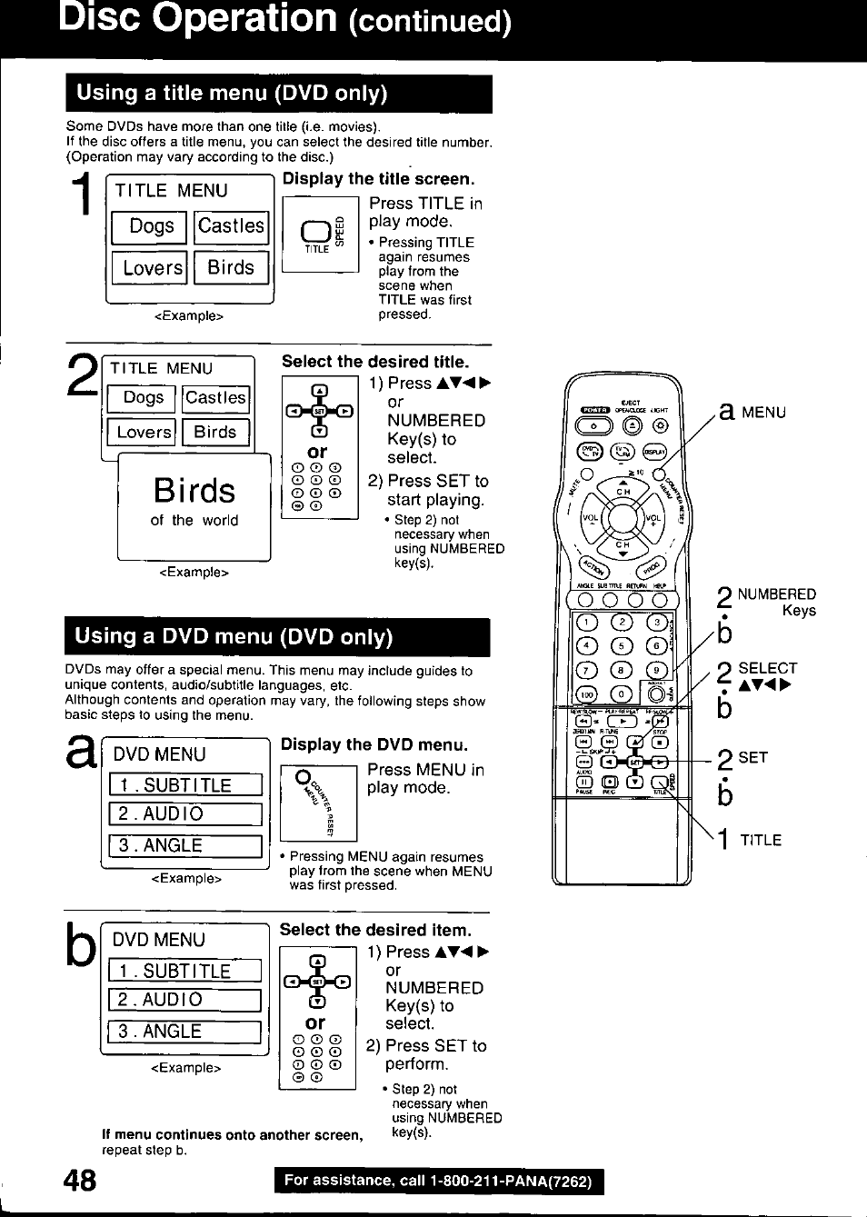 Display the title screen, Select the desired title, Display the dvd menu | Select the desired item, Operation, Continued), Birds, Using a title menu (dvd only), Using a dvd menu (dvd only) | Panasonic OMNIVISION PV-DM2799 User Manual | Page 48 / 68