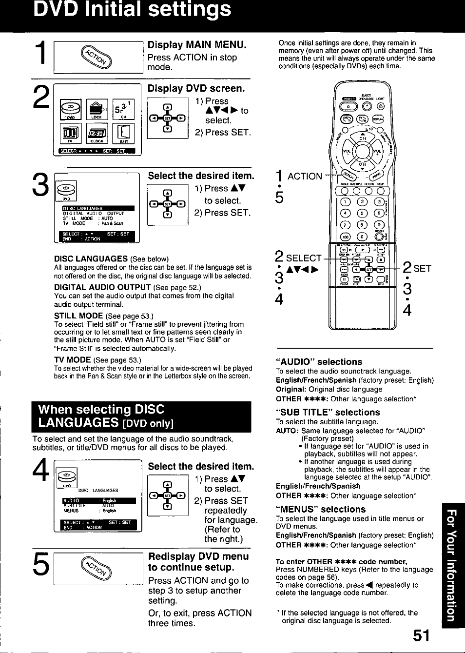 Display main menu, Display dvd screen, Select the desired item | Redisplay dvd menu to continue setup, Audio” selections, Sub title” selections, Menus” selections, Dvd initial settings, When selecting disc languages | Panasonic OMNIVISION PV-DM2799 User Manual | Page 51 / 68