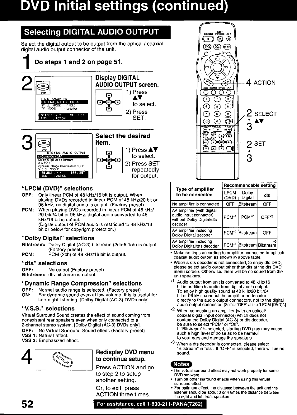 Display digital audio output screen, Isssipikaa, Select the desired item | Lpcm (dvd)” selections, Dolby digital” selections, Dts” seiections, Dynamic range compression” seiections, V.s.s.” seiections, Redisplay dvd menu to continue setup, Dvd initial settings (continued) | Panasonic OMNIVISION PV-DM2799 User Manual | Page 52 / 68