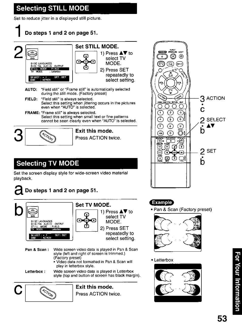 Set still mode, Exit this mode, Set tv mode | Panasonic OMNIVISION PV-DM2799 User Manual | Page 53 / 68