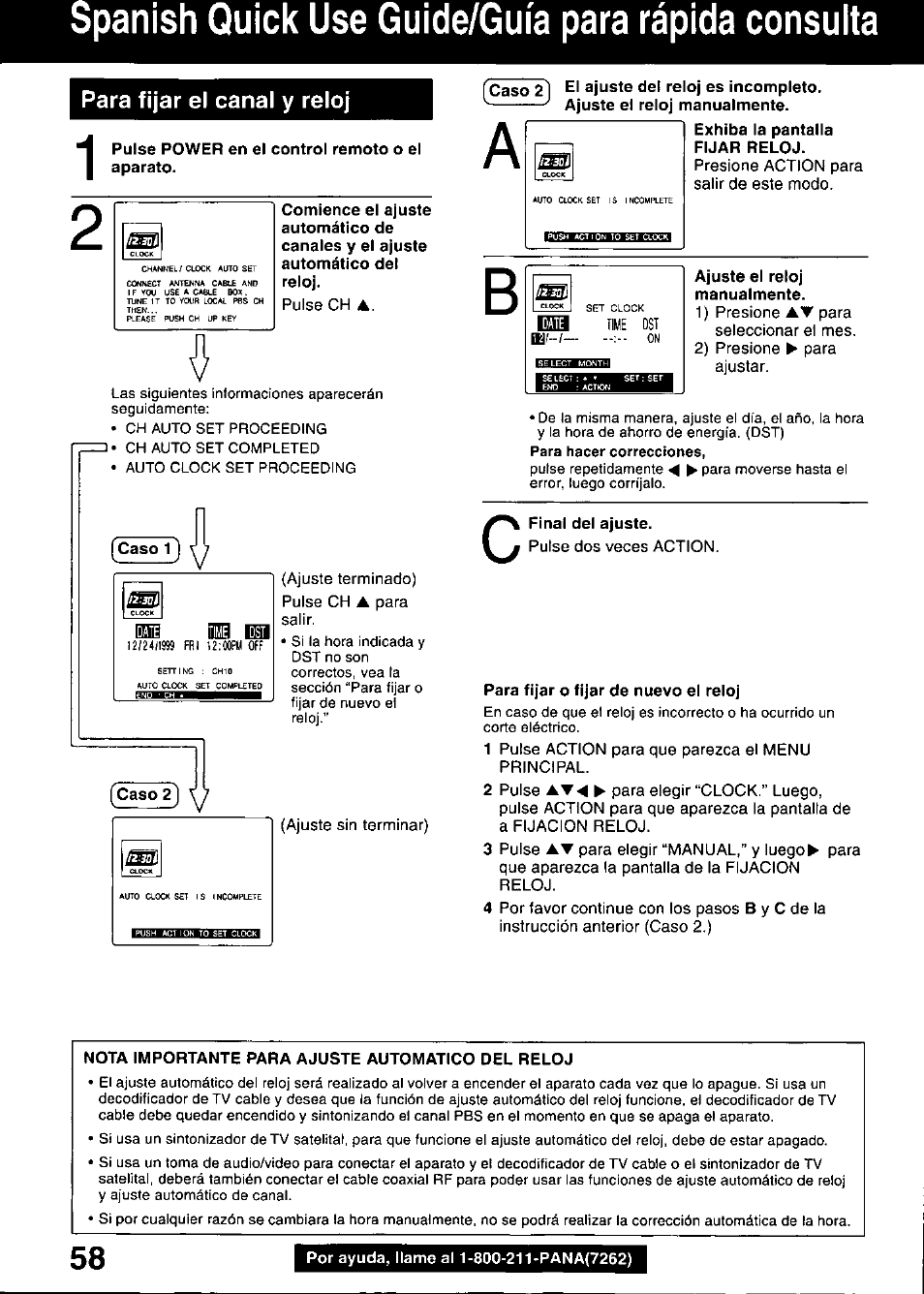 Pulse power en el control remoto o el aparato, Ajuste el reloj manualmente, Final del ajuste | Para fijar o fijar de nuevo el reloj, Nota importante para ajuste automatico del reloj, Panish quick use guide/guia para rapida consulta, Para fijar el canal y reloj | Panasonic OMNIVISION PV-DM2799 User Manual | Page 58 / 68