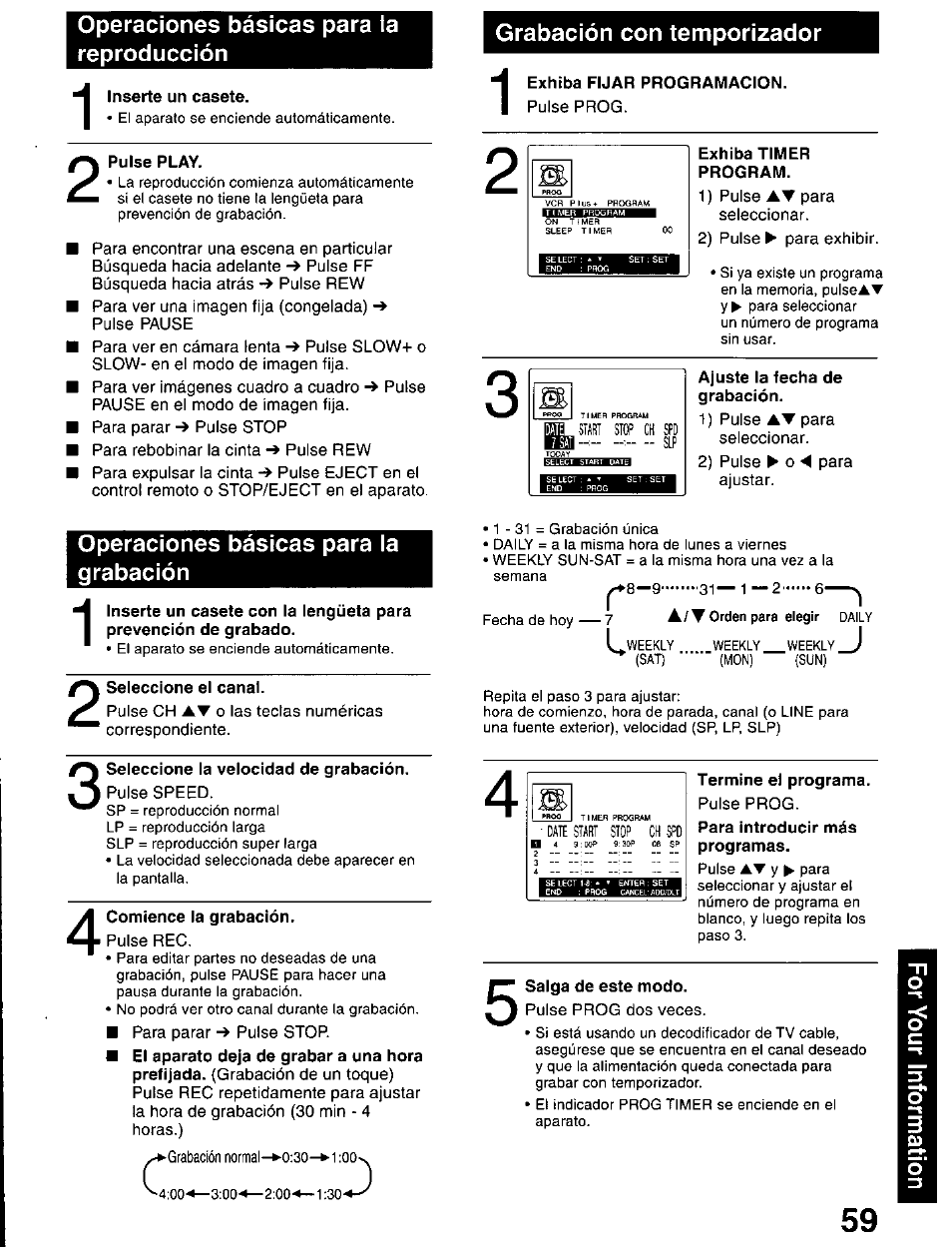 Inserte un casete, Pulse play, Exhíba fijar programacion | Exhiba timer, Program, Ajuste la fecha de grabación, Seleccione el canal, Seleccione la velocidad de grabación, Comience la grabación, Termíne el programa. pulse prog | Panasonic OMNIVISION PV-DM2799 User Manual | Page 59 / 68