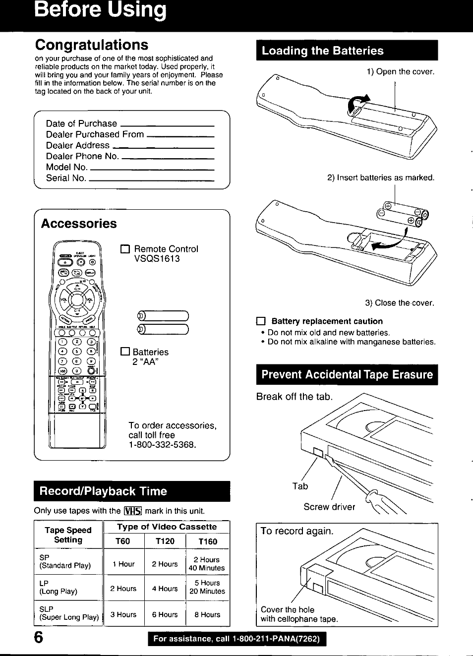 Q battery replacement caution, Before using, Accessories | Record/playback time, Loading the batteries, Prevent accidental tape erasure | Panasonic OMNIVISION PV-DM2799 User Manual | Page 6 / 68