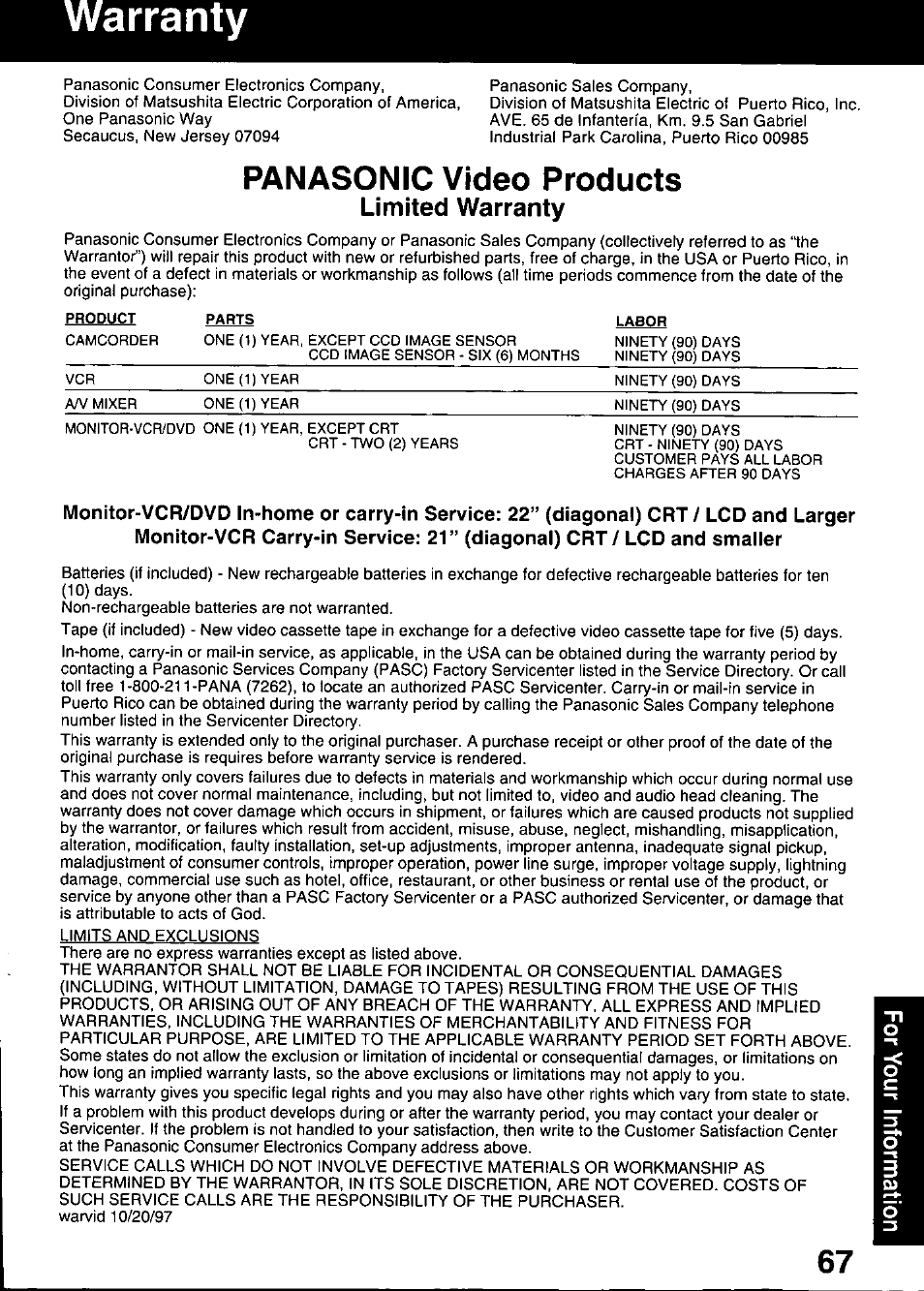 Arranty, Panasonic video products, Limited warranty | Panasonic OMNIVISION PV-DM2799 User Manual | Page 67 / 68