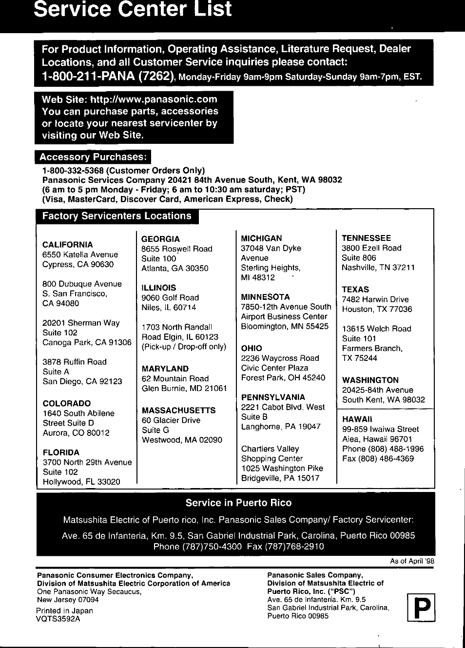 800-332-5368 (customer orders only), California, Colorado | Florida, Service center list | Panasonic OMNIVISION PV-DM2799 User Manual | Page 68 / 68