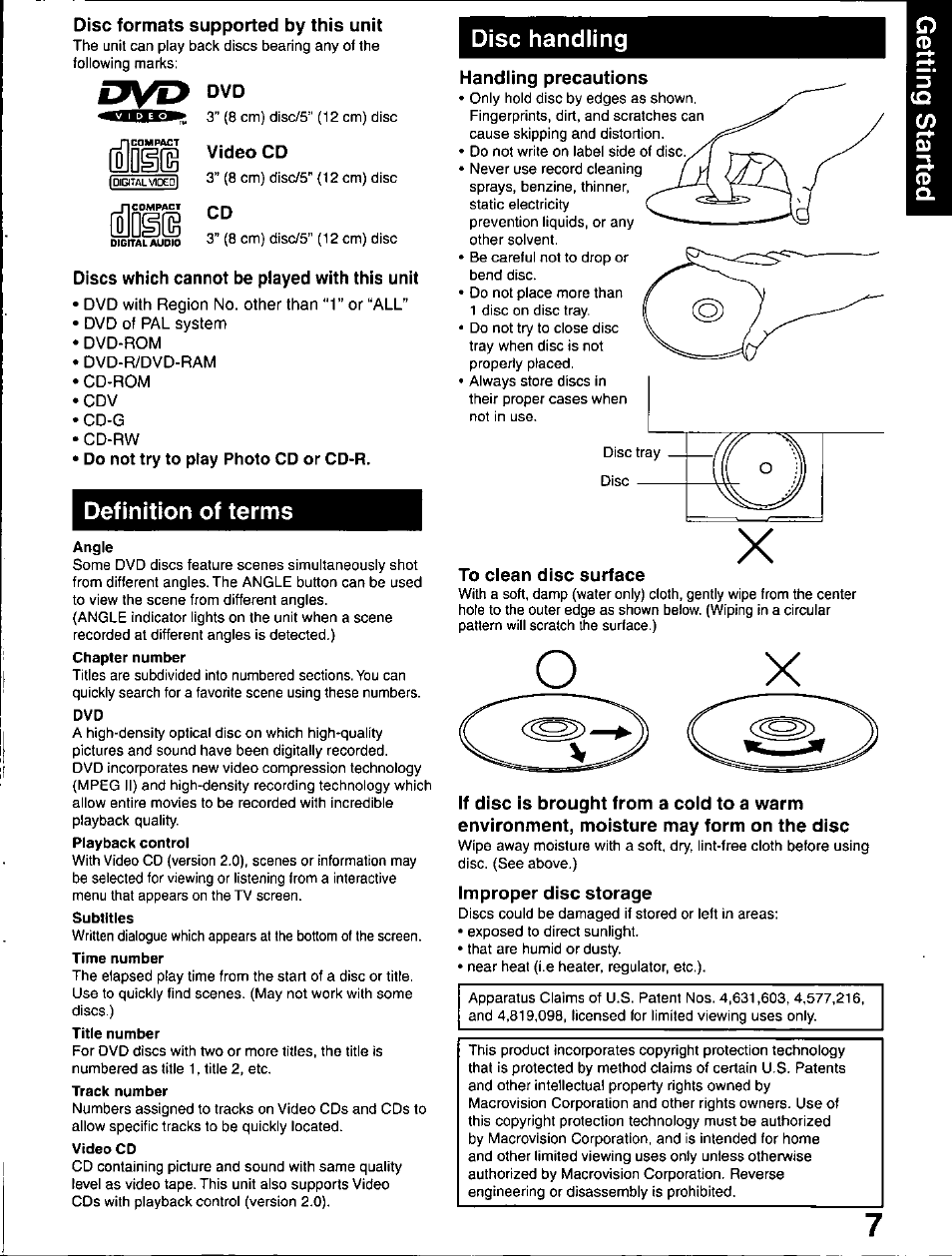 Disc formats supported by this unit, Video cd, Discs which cannot be played with this unit | Handling precautions, To clean disc surface, Improper disc storage, Disc handling, Definition of terms | Panasonic OMNIVISION PV-DM2799 User Manual | Page 7 / 68