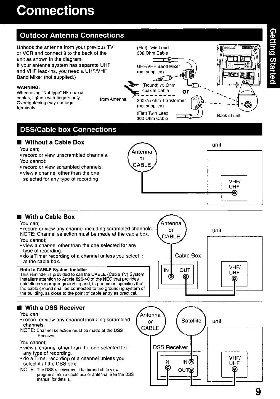 Without a cable box, With a cable box, I with a dss receiver | Dss/cable box connections | Panasonic OMNIVISION PV-DM2799 User Manual | Page 9 / 68