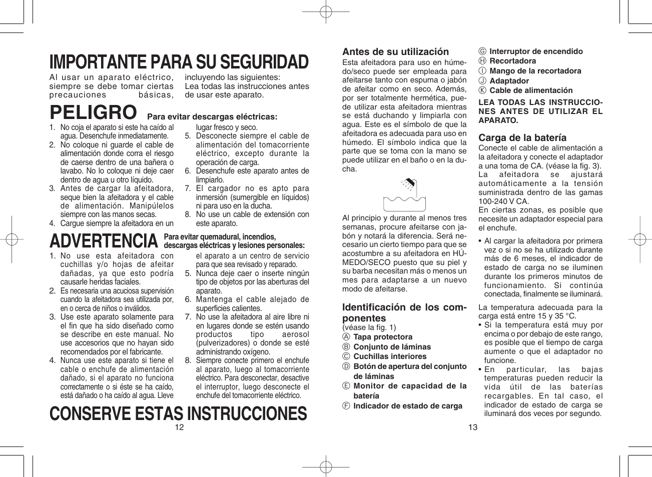 Espanol, Importante para su seguridad, Peligro | Advertencia, Conserve estas instrucciones | Panasonic ES8807 User Manual | Page 8 / 11