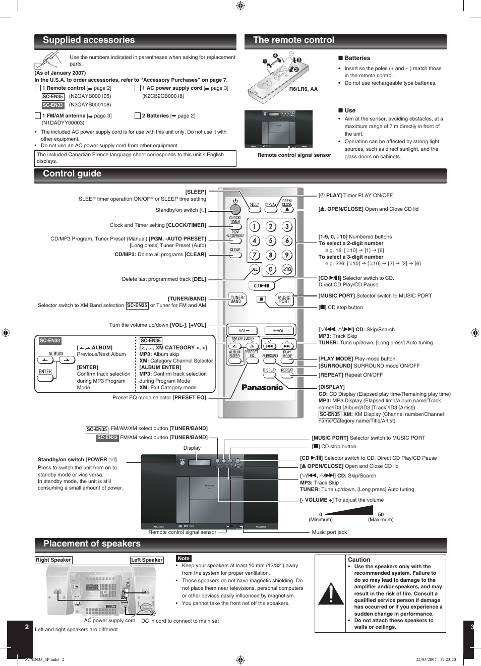 The remote control control guide, Placement of speakers, Supplied accessories | Sa-en35 | Panasonic SC-EN33 User Manual | Page 2 / 8