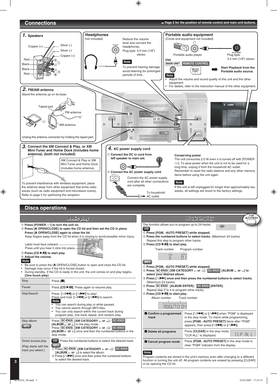 Discs operations connections, Basic play, Sa-en35 | Program play | Panasonic SC-EN33 User Manual | Page 3 / 8