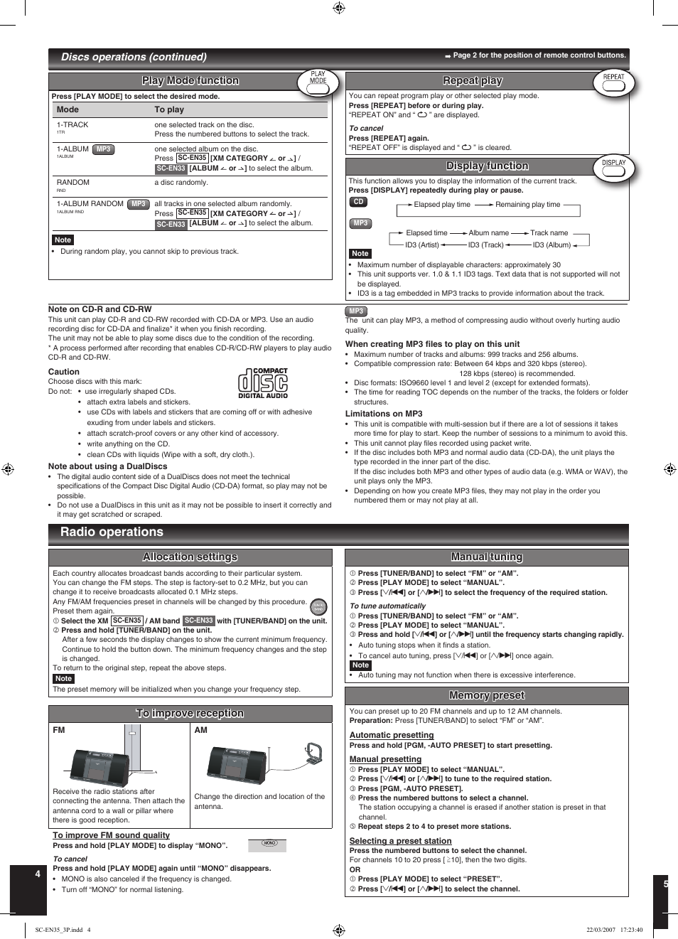 Radio operations, Display function, Discs operations (continued) | Manual tuning, Allocation settings, Play mode function, Repeat play | Panasonic SC-EN33 User Manual | Page 4 / 8