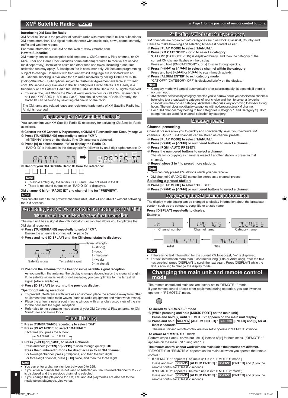 Sample, Satellite radio, Changing the main unit and remote control mode | Displaying the xm satellite radio id, Manual tuning, Selecting xm channels by category, Displaying the xm channel information | Panasonic SC-EN33 User Manual | Page 5 / 8