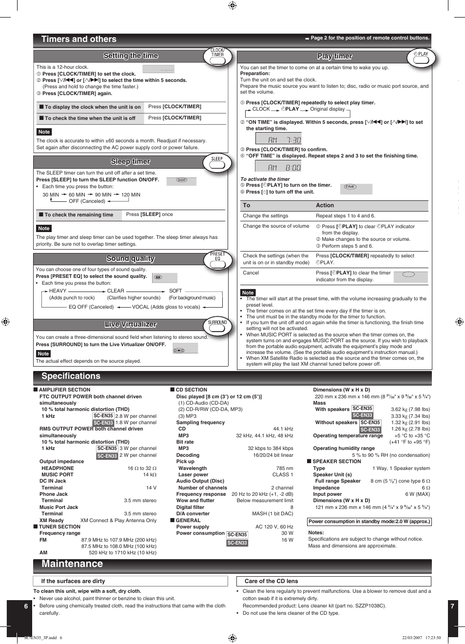Maintenance, Speciﬁcations, Timers and others | Sleep timer, Sound quality, Live virtualizer, Play timer, Setting the time | Panasonic SC-EN33 User Manual | Page 6 / 8