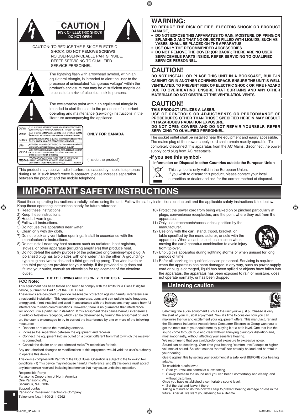 Important, Safety instructions, Warning | Caution, Listening caution | Panasonic SC-EN33 User Manual | Page 8 / 8