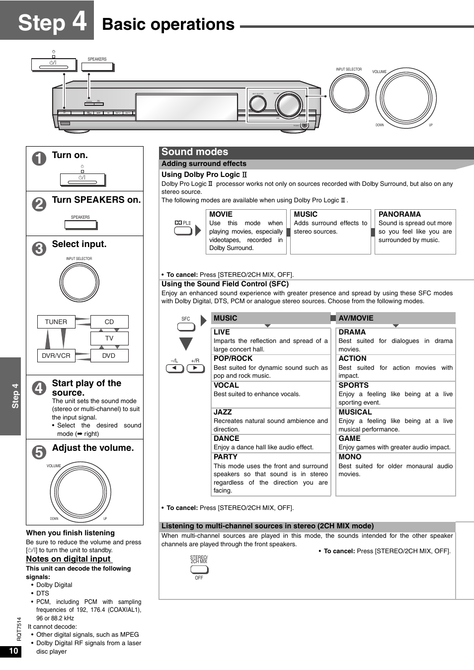 Step, Basic operations, Sound modes | Adjust the volume | Panasonic SA-XR30 User Manual | Page 10 / 20