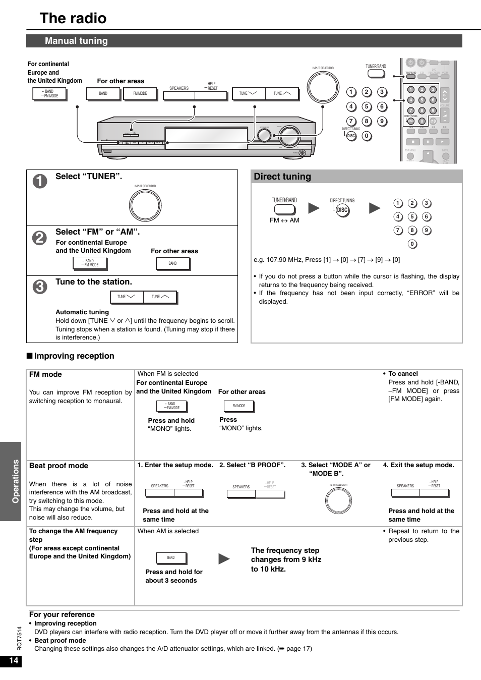 The radio, Manual tuning, Direct tuning | Oper ations, Nimproving reception, Select “tuner, Select “fm” or “am”. tune to the station, Fm mode, Beat proof mode, The frequency step changes from 9 khz to 10 khz | Panasonic SA-XR30 User Manual | Page 14 / 20