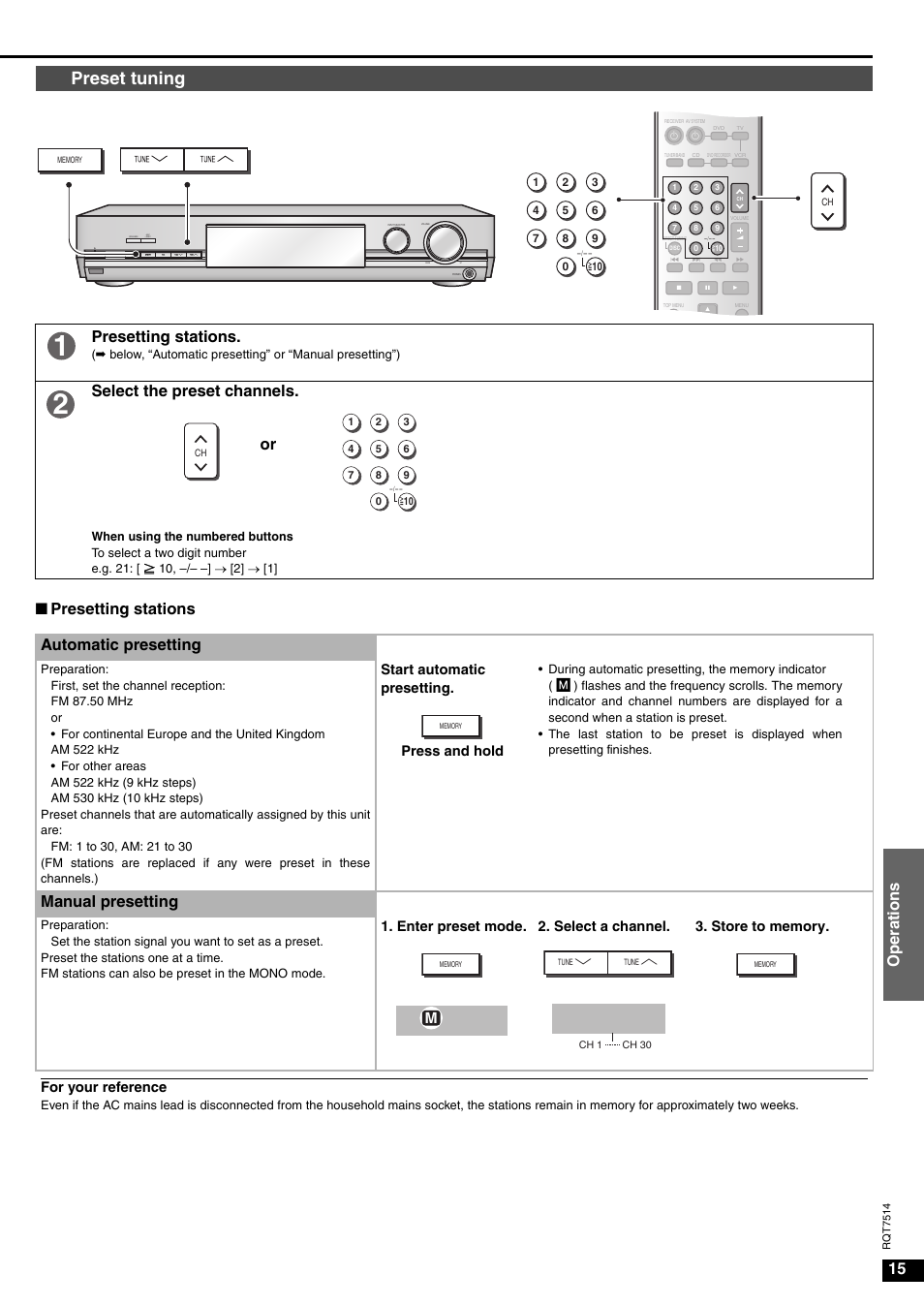 Ch 1, Preset tuning, Oper ations n presetting stations | Presetting stations, Select the preset channels, Or automatic presetting, Manual presetting, Start automatic presetting. press and hold | Panasonic SA-XR30 User Manual | Page 15 / 20