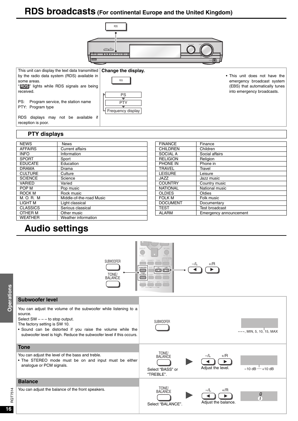 Sw 10, Rds broadcasts, Audio settings | For continental europe and the united kingdom), Pty displays, Oper ations, Subwoofer level, Tone, Balance | Panasonic SA-XR30 User Manual | Page 16 / 20