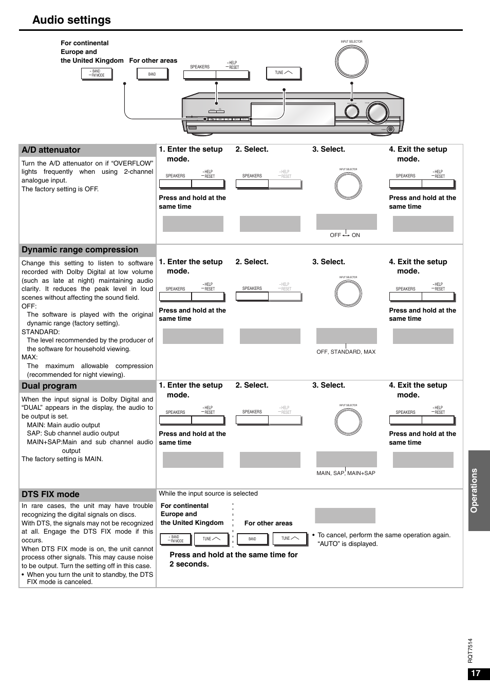 Setup, A/ d att, Complete | Dr comp, Dual prg, Main, Dts fix, Audio settings, Oper ations, A/d attenuator | Panasonic SA-XR30 User Manual | Page 17 / 20