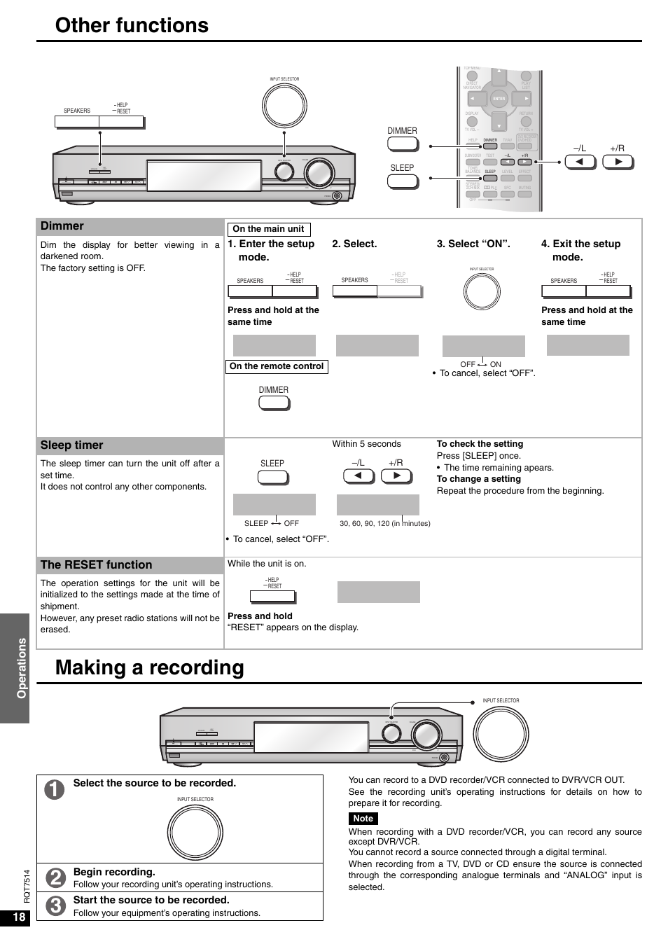 Setup, Complete, Sleep 30 | Reset, Other functions making a recording, Oper ations, Dimmer, Sleep timer, The reset function, Enter the setup mode | Panasonic SA-XR30 User Manual | Page 18 / 20
