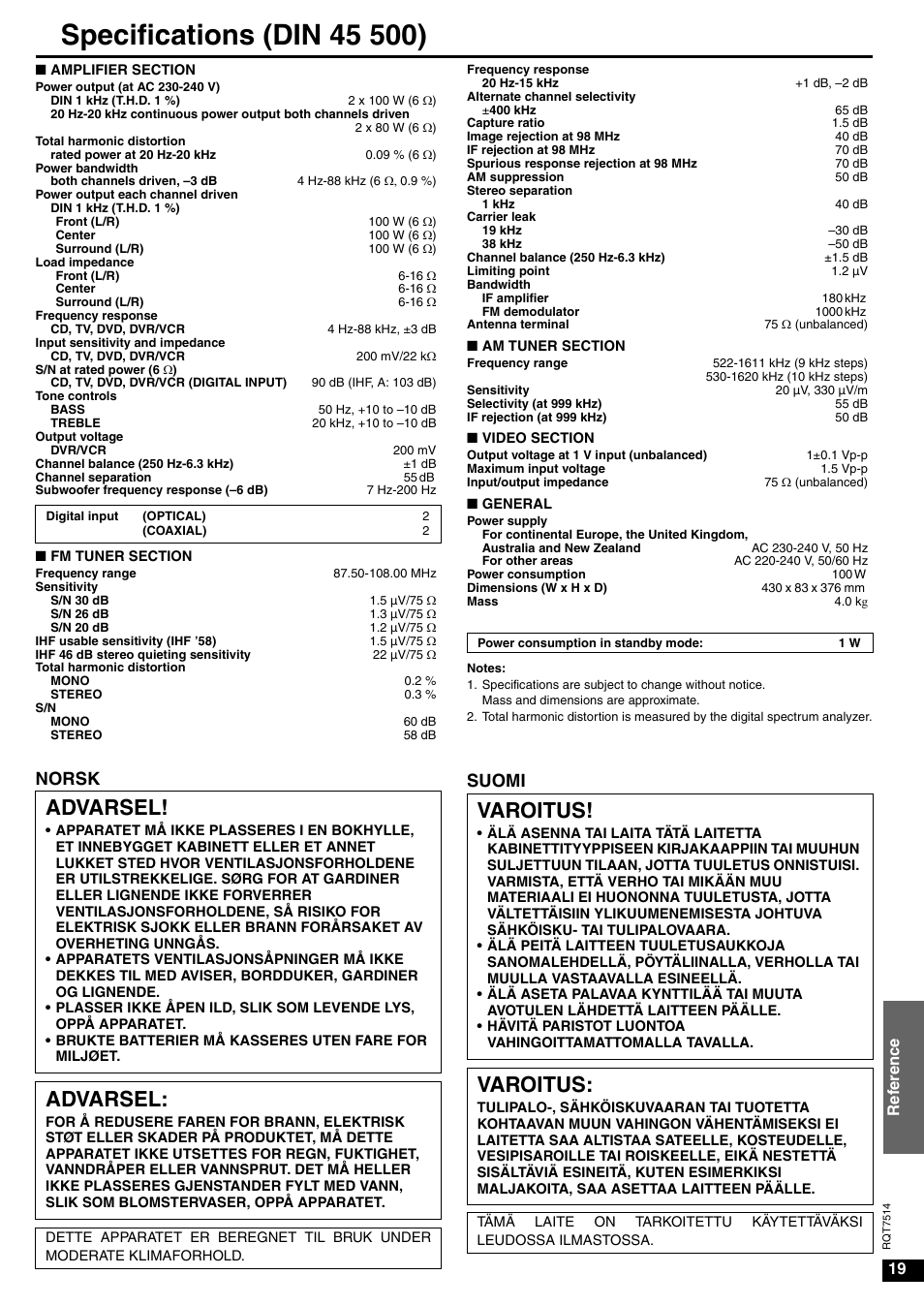 Advarsel, Varoitus, Norsk | Suomi | Panasonic SA-XR30 User Manual | Page 19 / 20