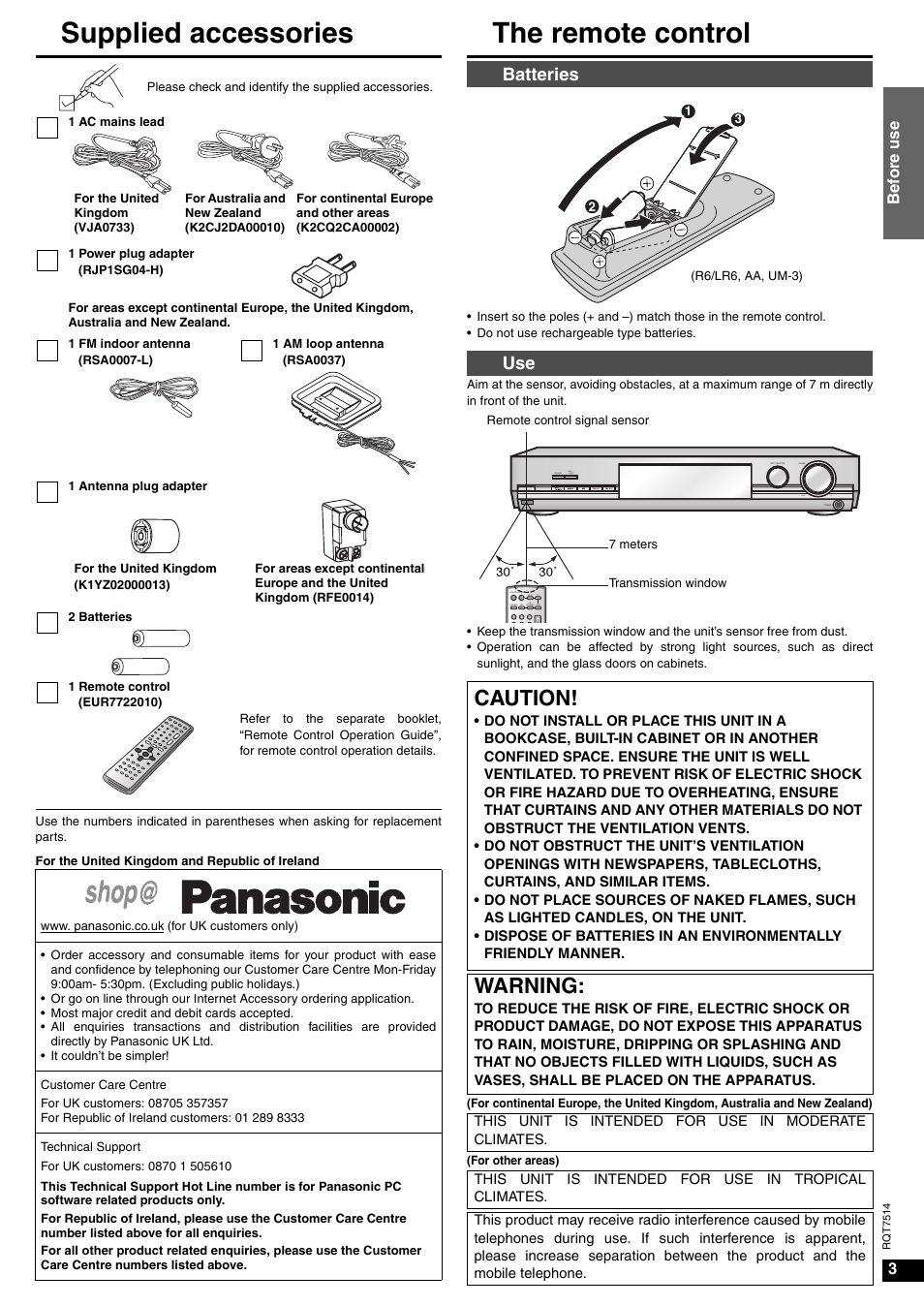 Supplied accessories, The remote control, Caution | Warning, Batteries use, Bef o re us e | Panasonic SA-XR30 User Manual | Page 3 / 20
