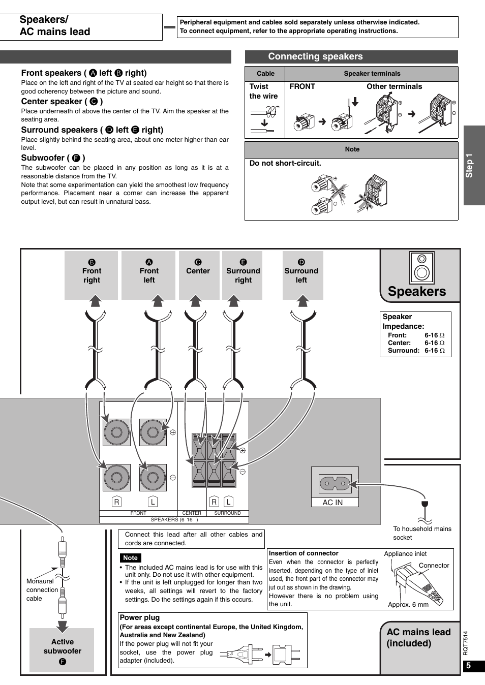 Speakers, Speakers/ ac mains lead, Connecting speakers | Ac mains lead (included) | Panasonic SA-XR30 User Manual | Page 5 / 20