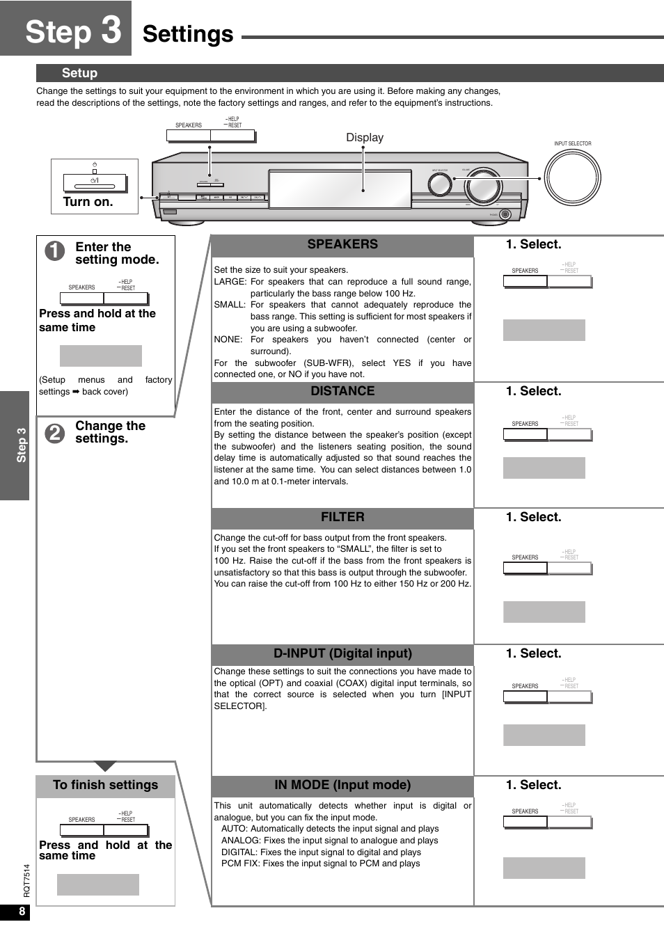 Step, Settings, Setup | Speakers, Distance, Filter, D- input, Complete, Setup enter the setting mode, Speakers 1. select | Panasonic SA-XR30 User Manual | Page 8 / 20