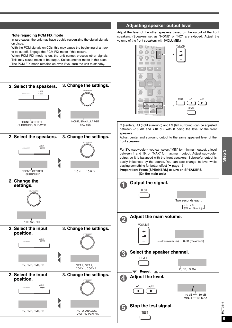 Front, Small, Opt 1 | Auto, Test l, Vol- 50db, C 0db, C - 4db, Adjusting speaker output level, Step 3 | Panasonic SA-XR30 User Manual | Page 9 / 20